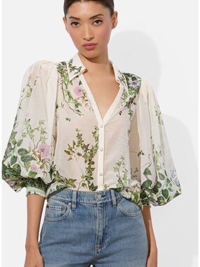 Alice + Olivia Cream Floral Puff-Sleeve Button-Down Blouse
